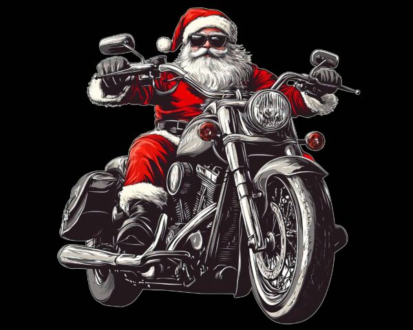 Badass Biker Santa PNG riding chopper motorcycle – black background digital download (bike)