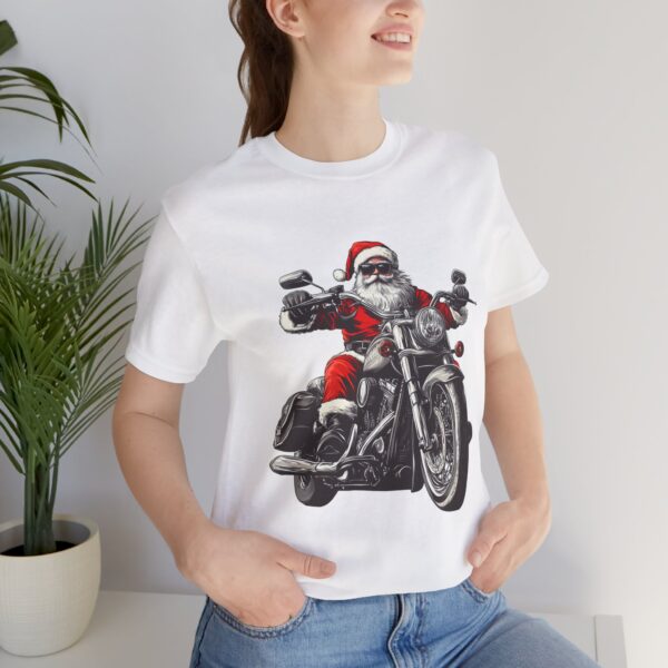 Badass Biker Santa PNG design on Christmas T-shirt mockup – digital file example