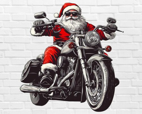 badass-biker-santa-chopper-motorcycle-christmas-foxesandbunnies-white Badass Biker Santa PNG riding chopper motorcycle – white background digital download (bike)