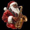 Black Santa PNG playing saxophone – jazz Christmas design black background digital download