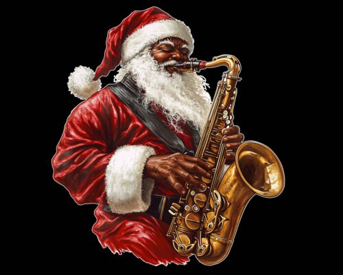Black Santa PNG playing saxophone – jazz Christmas design black background digital download