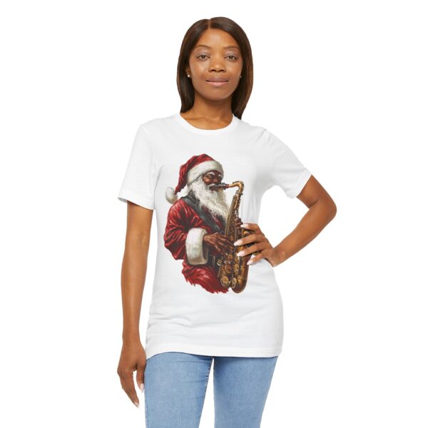 Black Santa PNG saxophone jazz design on Christmas T-shirt mockup – digital file example