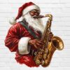 Black Santa PNG playing saxophone – jazz Christmas design white background digital download