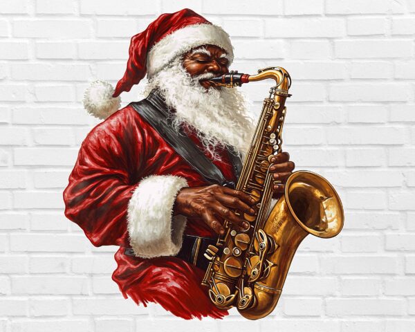 Black Santa PNG playing saxophone – jazz Christmas design white background digital download