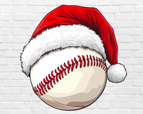 Christmas baseball PNG with Santa hat festive baseball clipart on white background digital download