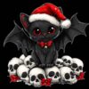 Christmas black cat PNG with bat wings, skulls, and Santa hat – gothic horror design black background digital download