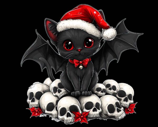 Christmas black cat PNG with bat wings, skulls, and Santa hat – gothic horror design black background digital download