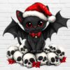 Christmas black cat PNG with bat wings, skulls, and Santa hat – gothic horror design white background digital download