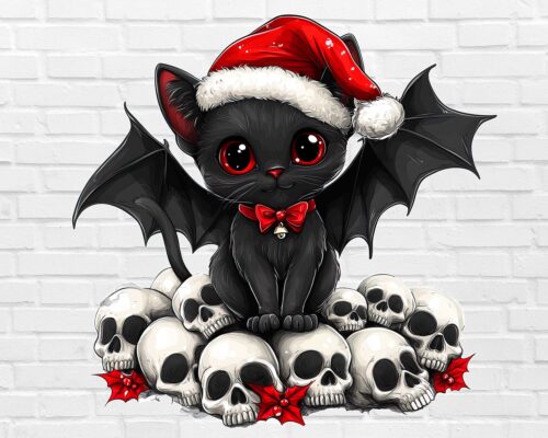 Christmas black cat PNG with bat wings, skulls, and Santa hat – gothic horror design white background digital download