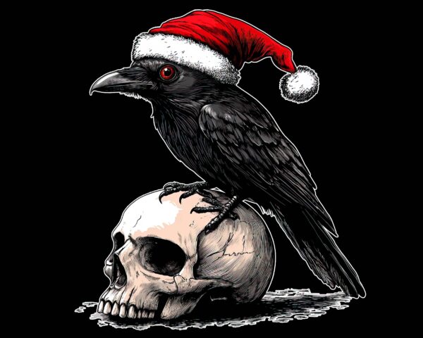 Christmas crow PNG gothic raven Santa hat perched on skull dark holiday clipart black background digital download