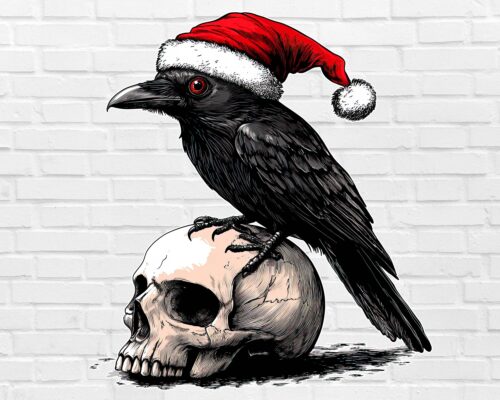 Christmas crow PNG gothic raven with Santa hat on skull clipart white background digital download