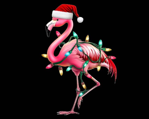Christmas Flamingo PNG – Tropical Pink Flamingo with Santa Hat and Christmas Lights Clipart