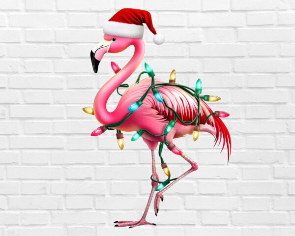 Christmas flamingo PNG pink tropical flamingo with Santa hat and Christmas lights on white background digital download