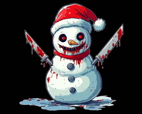 Christmas horror snowman PNG with bloody knives and Santa hat – creepy design black background digital download