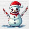 Christmas horror snowman PNG with bloody knives and Santa hat – creepy design white background digital download