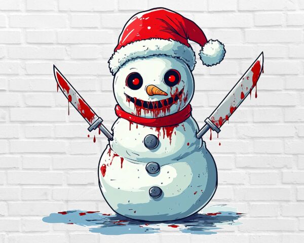 Christmas horror snowman PNG with bloody knives and Santa hat – creepy design white background digital download
