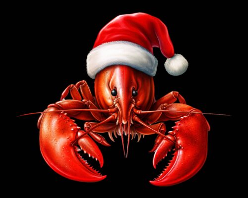 Christmas lobster PNG red lobster wearing Santa hat coastal holiday clipart black background digital download