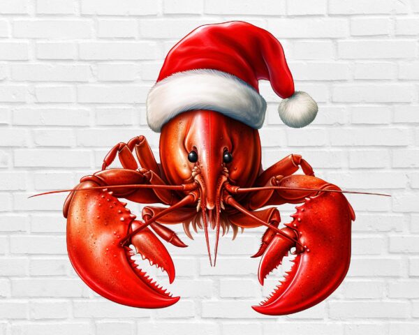 Christmas lobster PNG red lobster with Santa hat festive clipart white background digital download