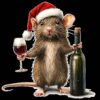 Christmas mouse PNG with Santa hat, wine glass, and bottle – funny rat holiday design black background digital download