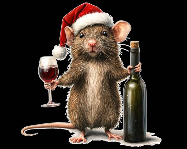 Christmas mouse PNG with Santa hat, wine glass, and bottle – funny rat holiday design black background digital download