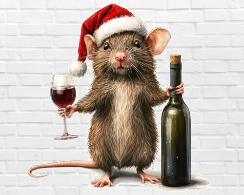 Christmas mouse PNG with Santa hat, wine glass, and bottle – funny rat holiday design white background digital download