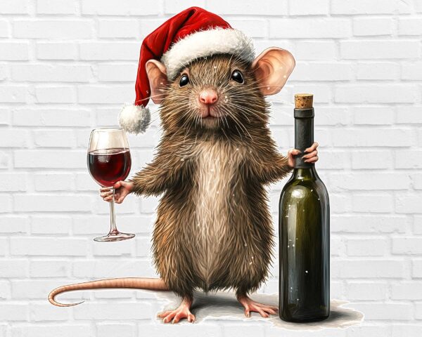 Christmas mouse PNG with Santa hat, wine glass, and bottle – funny rat holiday design white background digital download