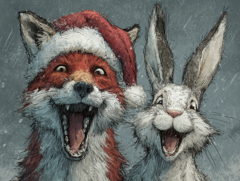 Illustration of a fox wearing a Santa hat and a bunny smiling, symbolizing Christmas PNG holiday designs