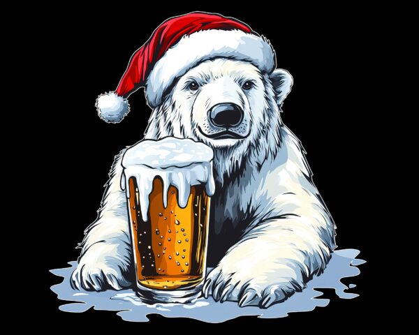 Christmas polar bear PNG Santa hat bear drinking beer funny holiday clipart black background digital download