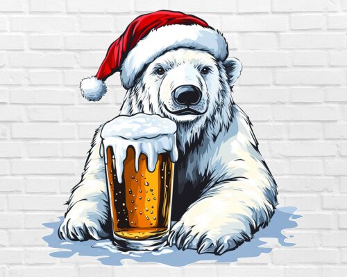 Christmas polar bear PNG Santa hat bear holding beer funny clipart white background digital download
