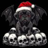 Christmas pug PNG with bat wings, skulls, and Santa hat – gothic horror design black background digital download