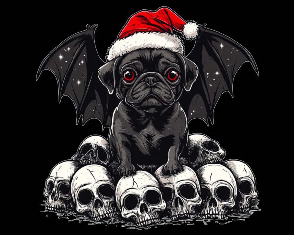Christmas pug PNG with bat wings, skulls, and Santa hat – gothic horror design black background digital download