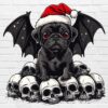 Christmas pug PNG with bat wings, skulls, and Santa hat – gothic horror design white background digital download