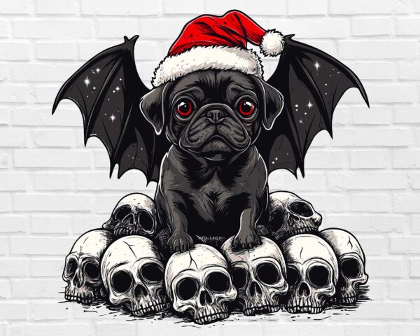 Christmas pug PNG with bat wings, skulls, and Santa hat – gothic horror design white background digital download