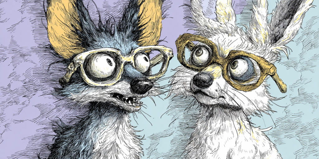 Hand-drawn illustration of a quirky fox and bunny wearing oversized glasses – foxesandbunnies brand artwork