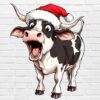 Funny Christmas cow PNG with Santa hat – farmhouse holiday design white background digital download