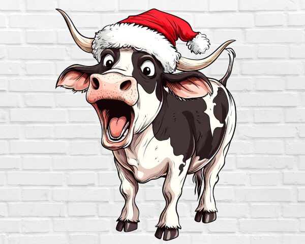 Funny Christmas cow PNG with Santa hat – farmhouse holiday design white background digital download