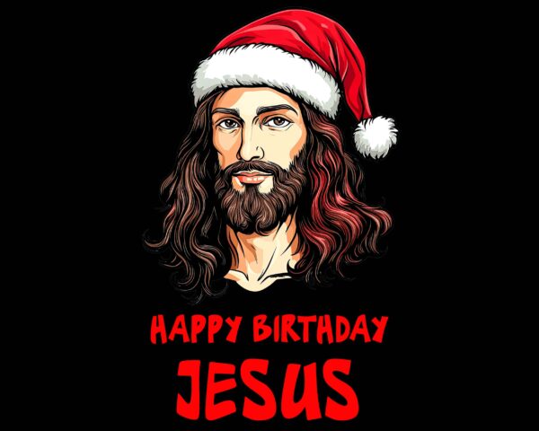 Happy Birthday Jesus PNG Christian Christmas clipart with Jesus in Santa hat black background digital download