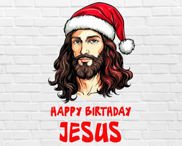 Happy Birthday Jesus PNG Christian Christmas clipart with Jesus in Santa hat white background digital download