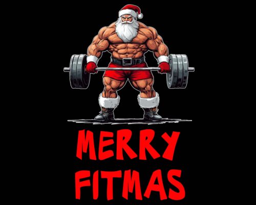 Muscular Santa PNG deadlifting barbell – Merry Fitmas Christmas design black background digital download
