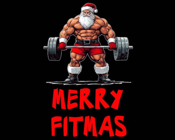 Muscular Santa PNG deadlifting barbell – Merry Fitmas Christmas design black background digital download