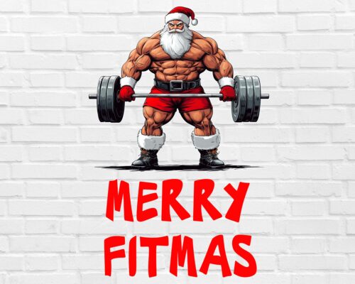 Muscular Santa PNG deadlifting barbell – Merry Fitmas Christmas design white background digital download