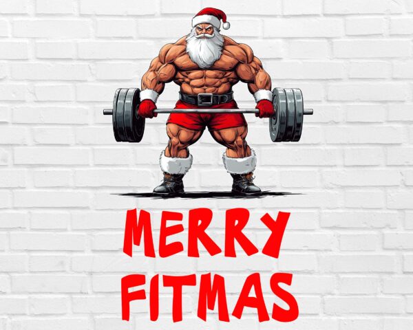 Muscular Santa PNG deadlifting barbell – Merry Fitmas Christmas design white background digital download