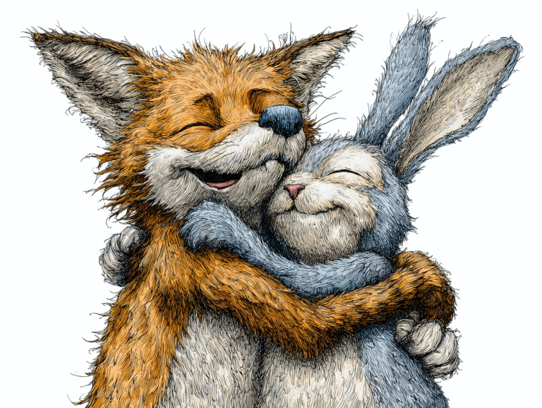 Illustrated fox and bunny hugging happily, symbolizing PNG file format and why designers love using it