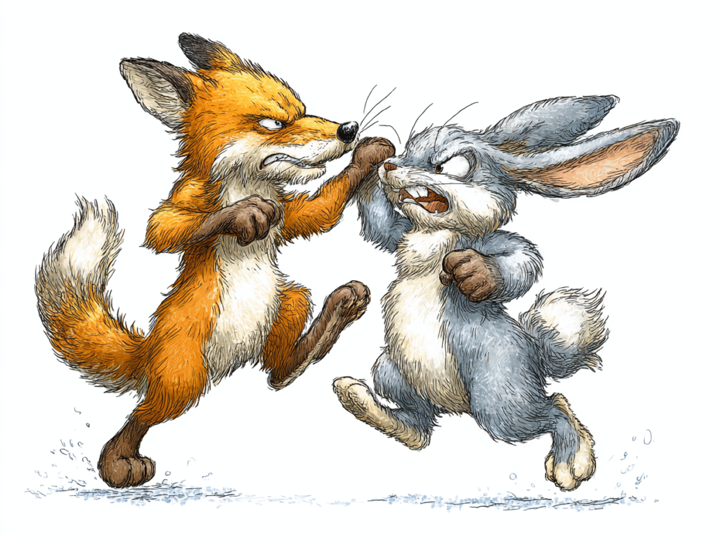 Illustration of a fox and bunny fighting, symbolizing PNG vs JPG vs SVG file format comparison