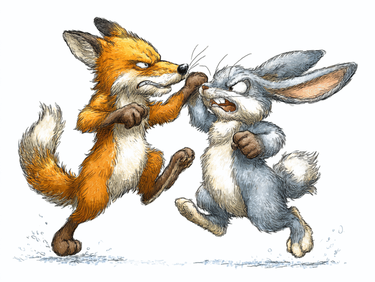 Illustration of a fox and bunny fighting, symbolizing PNG vs JPG vs SVG file format comparison