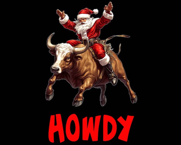 Rodeo Santa PNG riding bull with Howdy text – cowboy Christmas design black background digital download