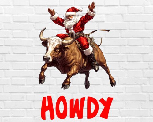 rodeo-santa-cowboy-christmas-bull-foxesandbunnies-white Rodeo Santa PNG riding bull with Howdy text – cowboy Christmas design white background digital download