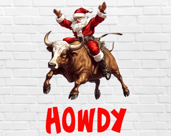 Rodeo Santa PNG riding bull with Howdy text – cowboy Christmas design white background digital download