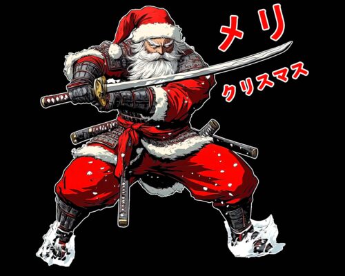 Samurai Santa PNG in anime style with katana – black background version digital download