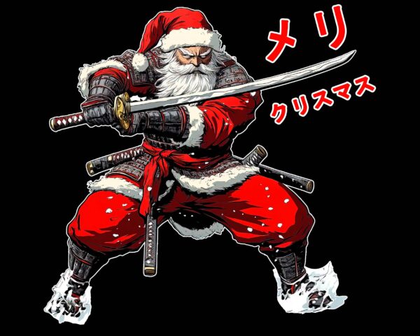 Samurai Santa PNG in anime style with katana – black background version digital download
